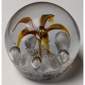 Vtg Murano Style Flower Paperweight 3.25" Controlled Bubble Art Glass Rootbeer